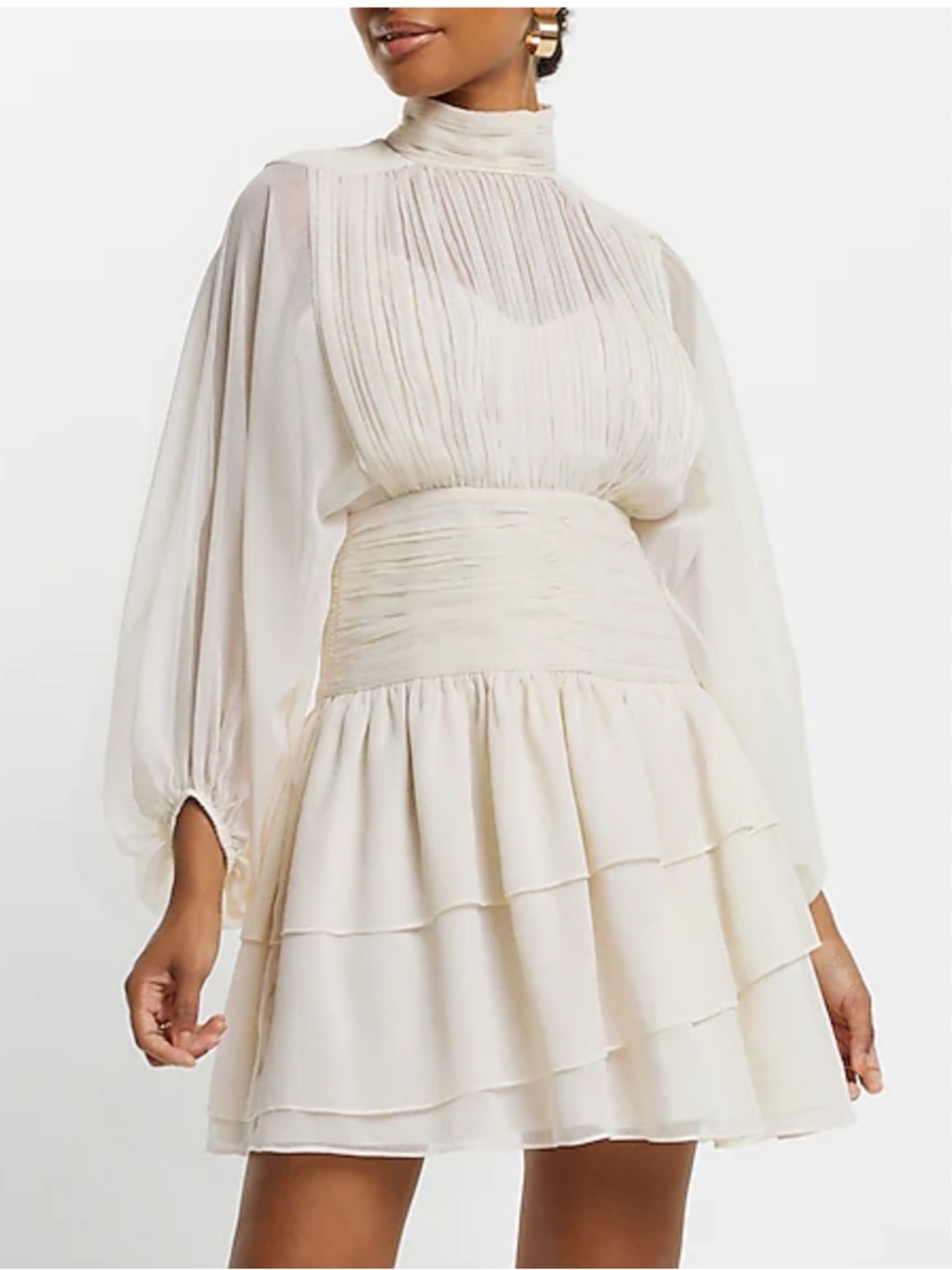 EXPRESS Mock Neck Long Sleeve Pleated Waist Tiered Ruffle Mini Dress Size 2